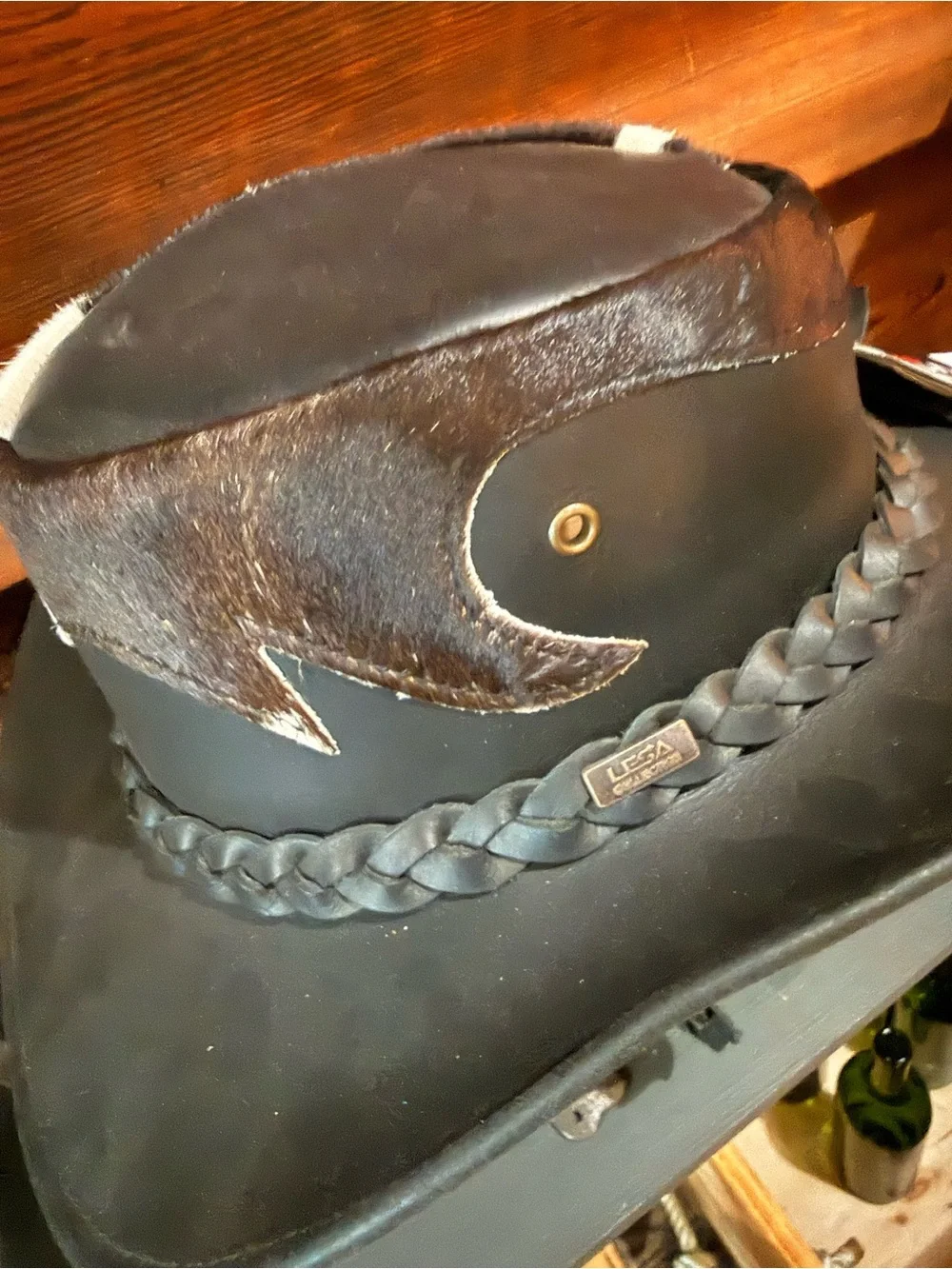 Medium & Black Leather Western Hat with Brown and Cream Hair-On Hide Trim